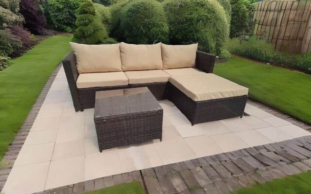 Hampus 3 Seater Rattan BrownBeige Garden Sofa Set With Large Stool And Coffee Table4
