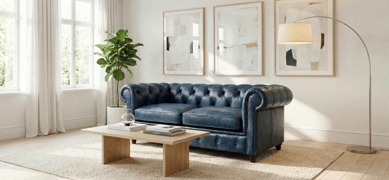 Blue leather Chesterfield sofa in a bright living room