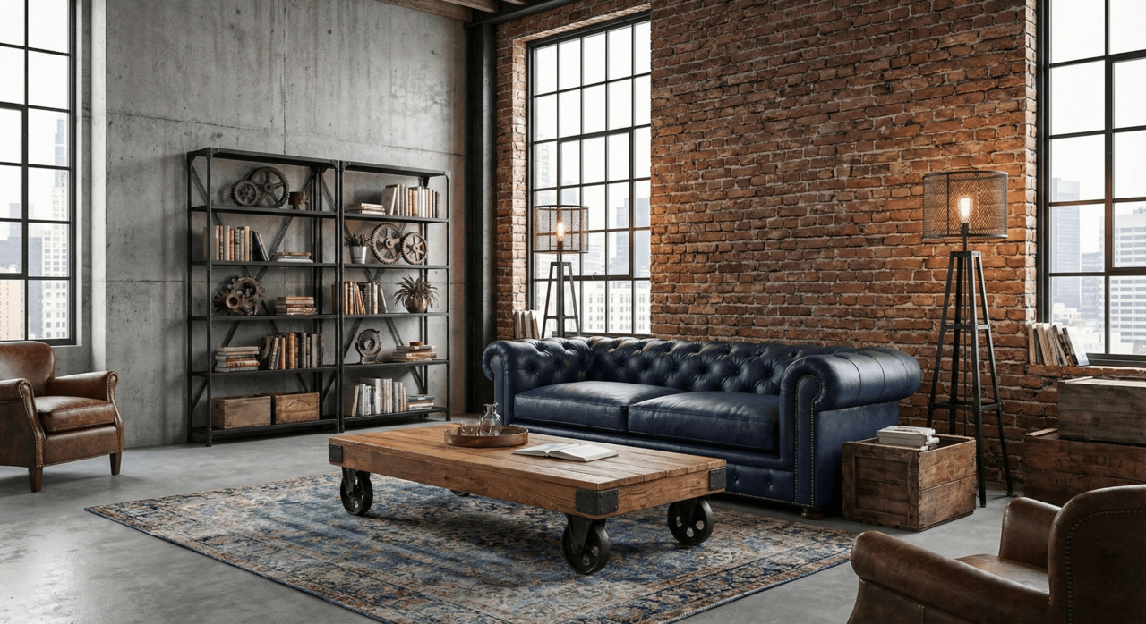 Blue leather Chesterfield sofa in an industrial loft