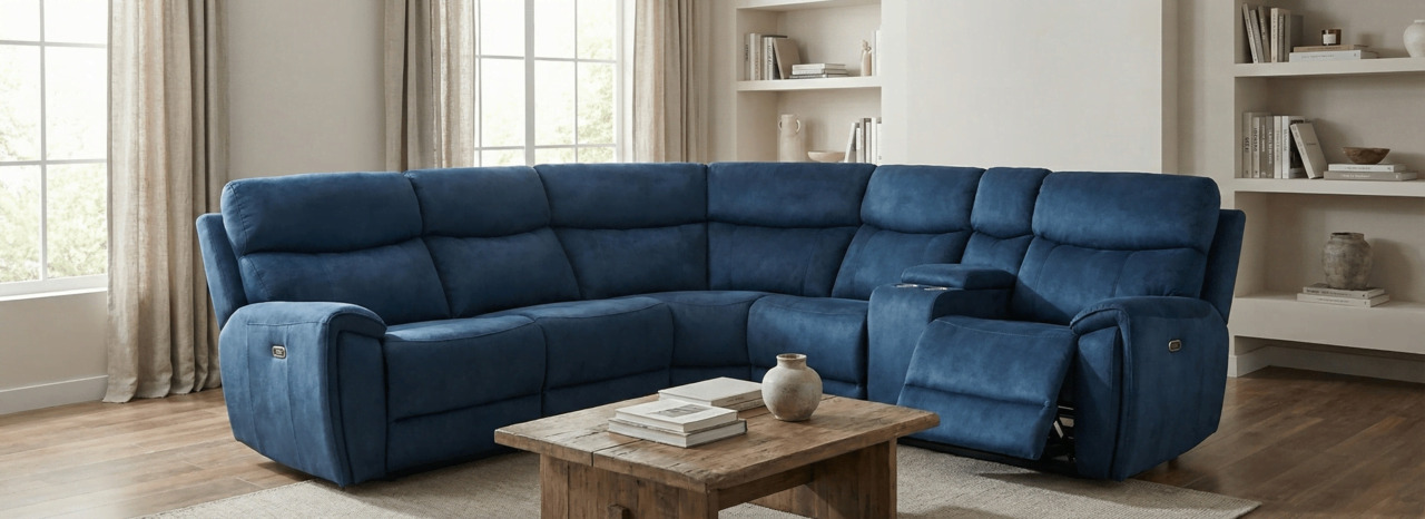 Blue recliner corner sofa in a cosy living room