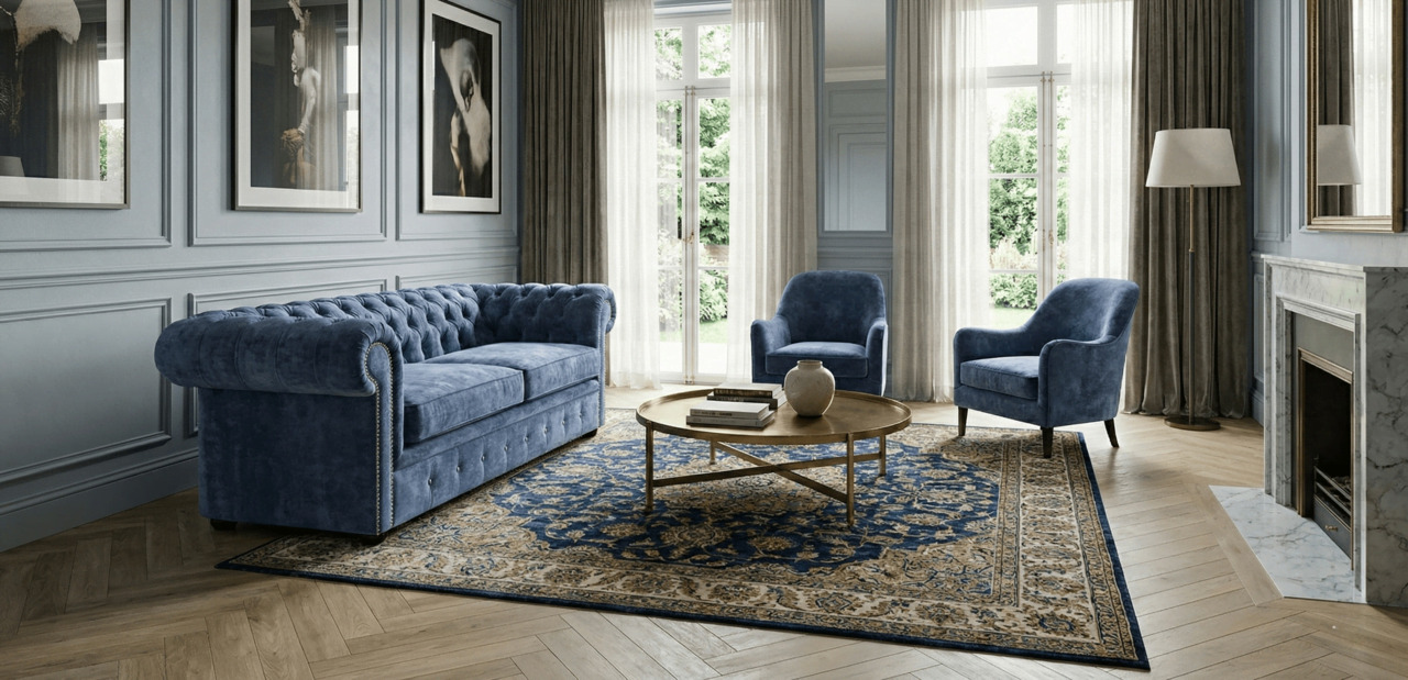 Blue velvet Chesterfield in a classic interior