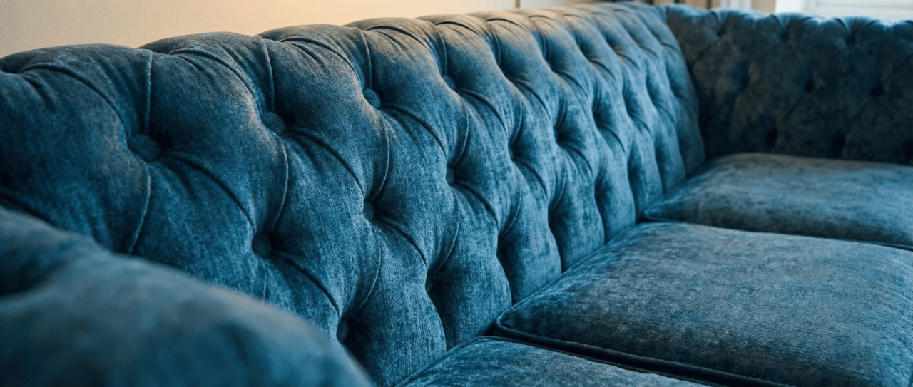 Blue velvet Chesterfield sofa close-up