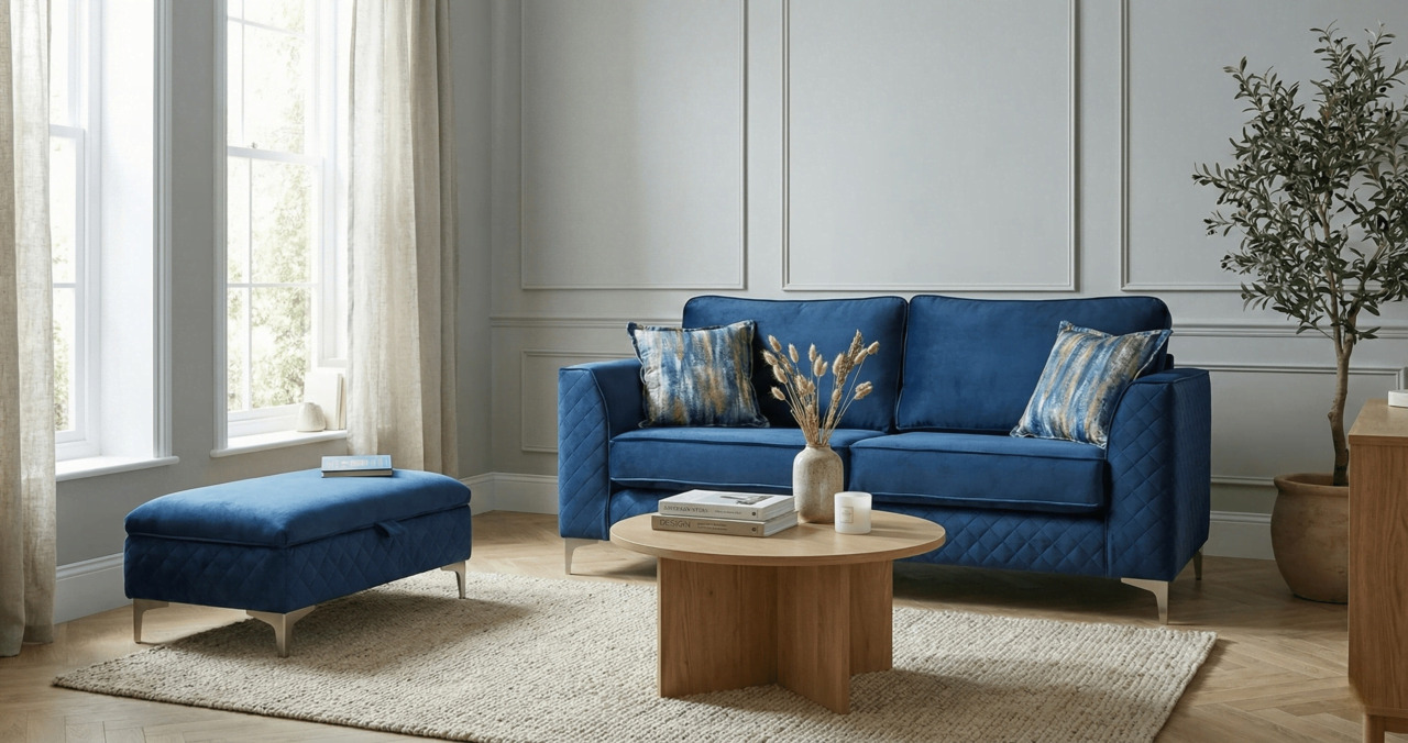 Blue fabric sofa with refreshed cushion filling and matching footstool