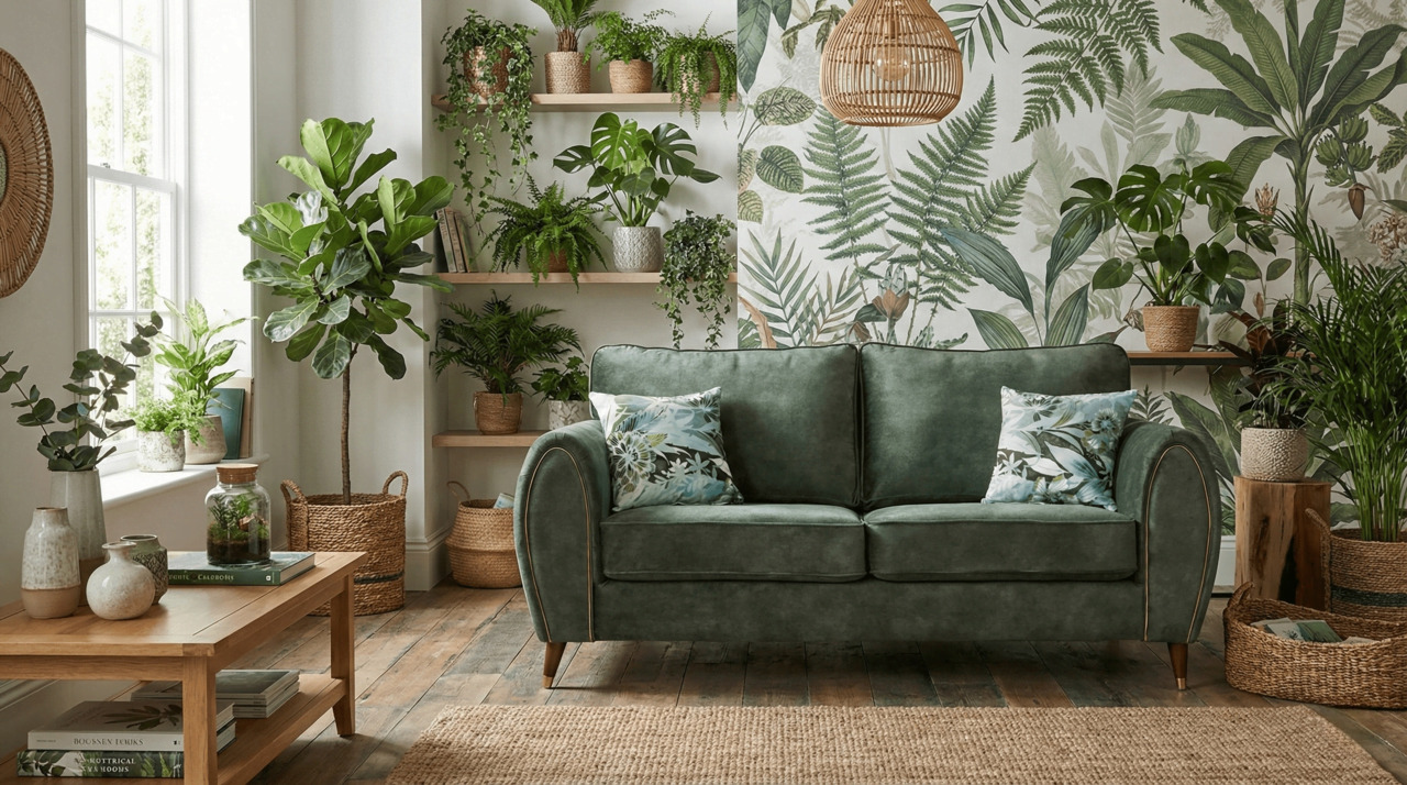 Botanical living room with a green sofa surrounded by indoor plants and natural textures