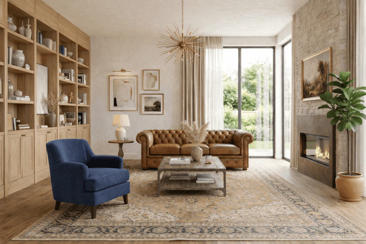 Bright living room with tan chesterfield sofa and blue accent chair