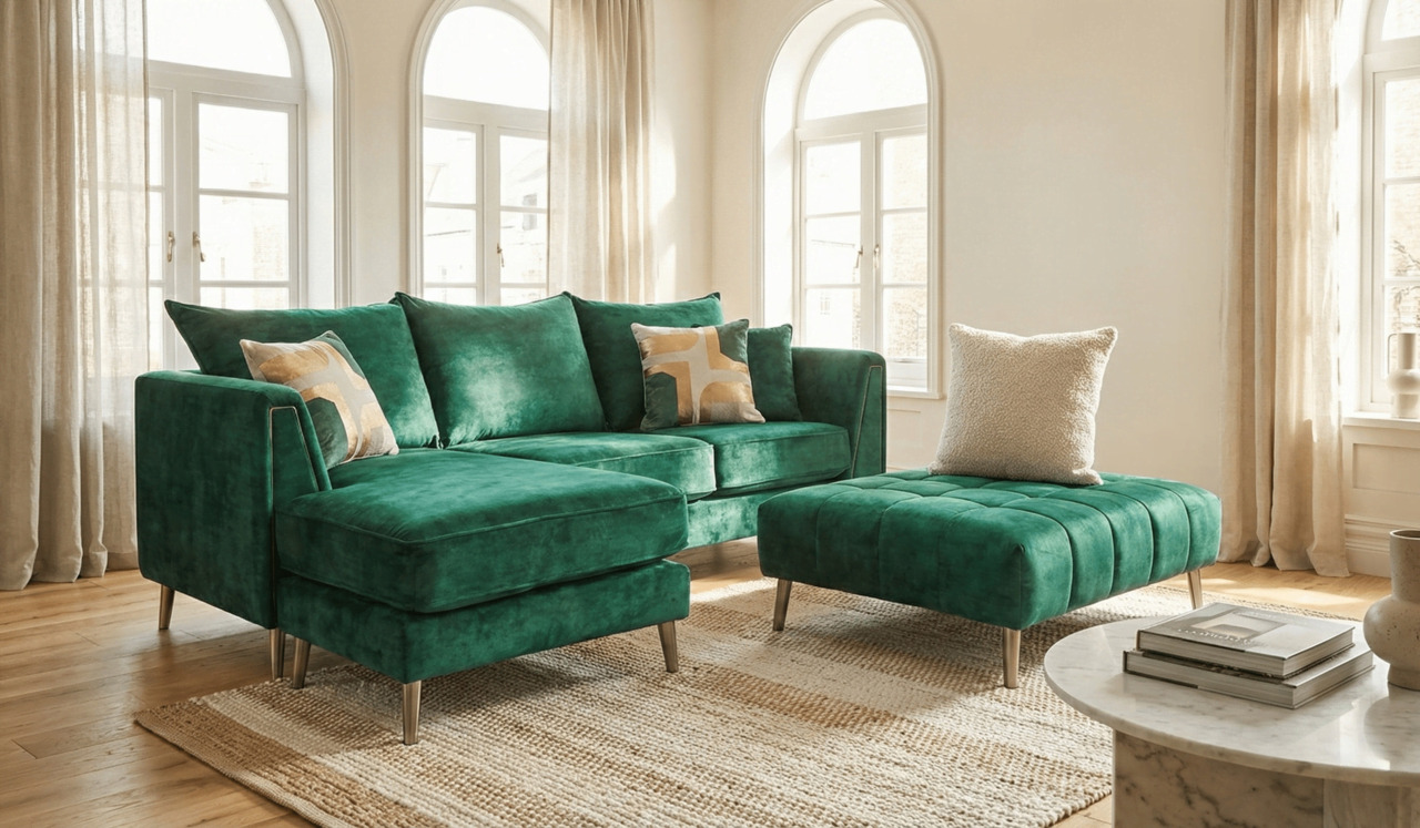 Bright modern living room with a green corner sofa and chaise