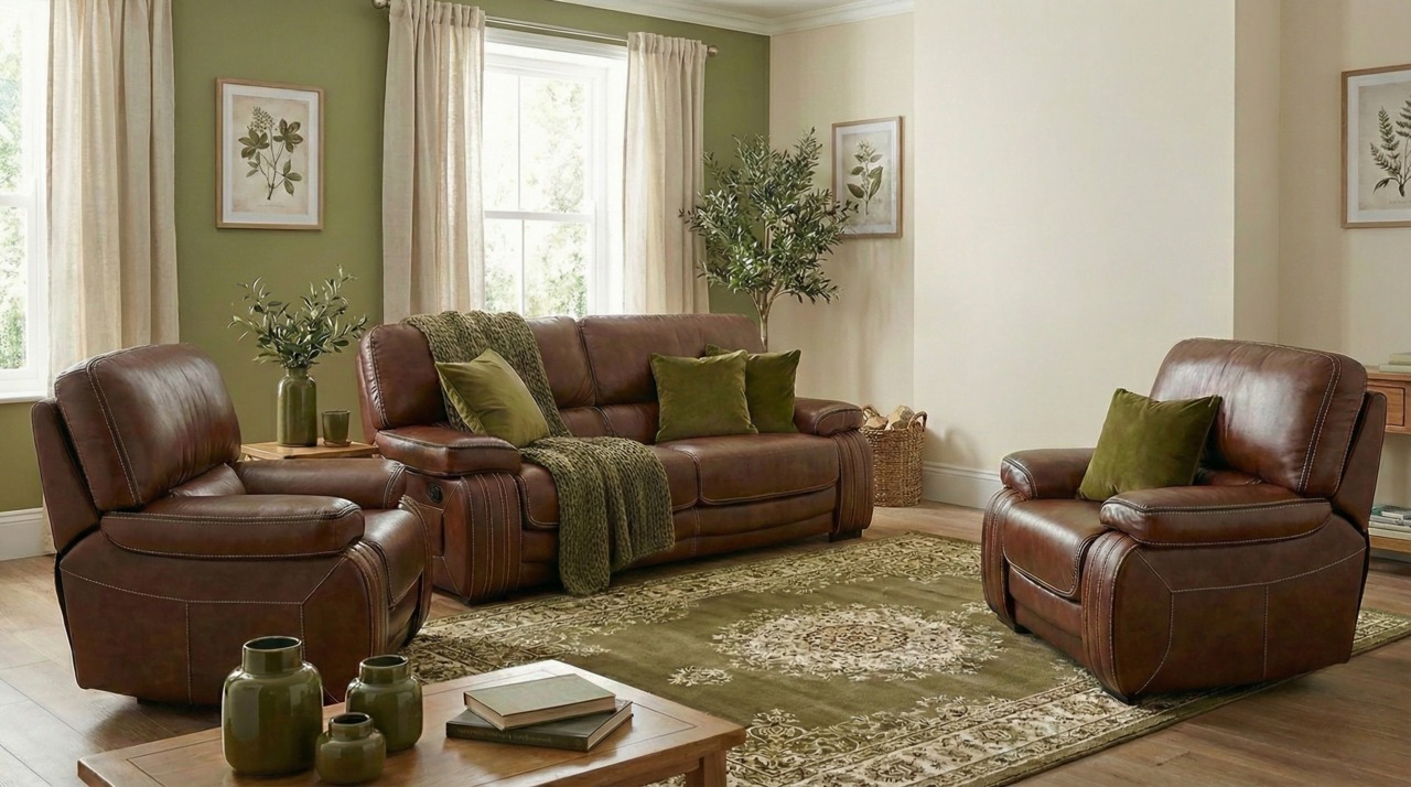 Brown leather recliners with a sage wall and an olive rug