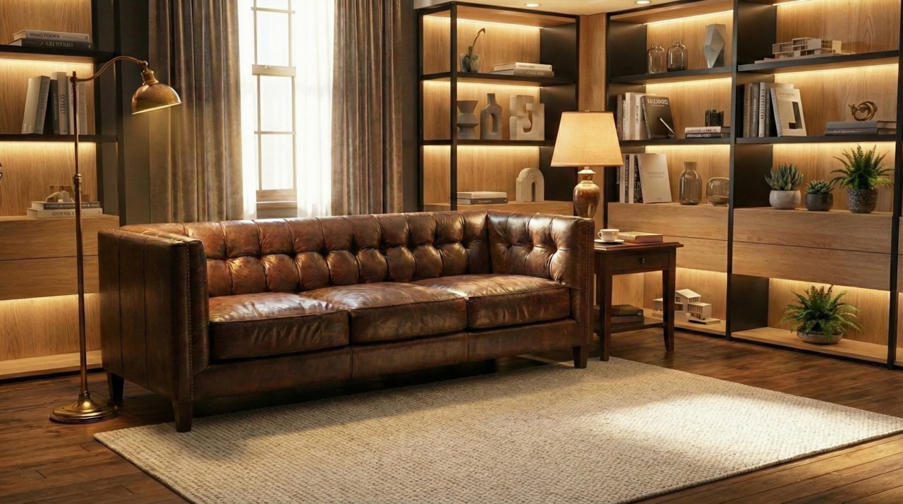 Chocolate leather sofa with warm lighting, wall shelving and a light rug