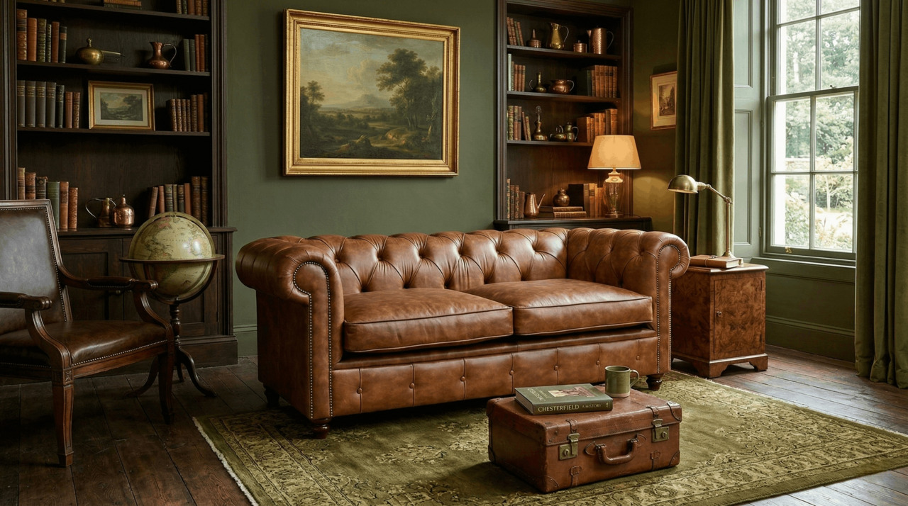 Classic study with tan chesterfield sofa and dark green walls