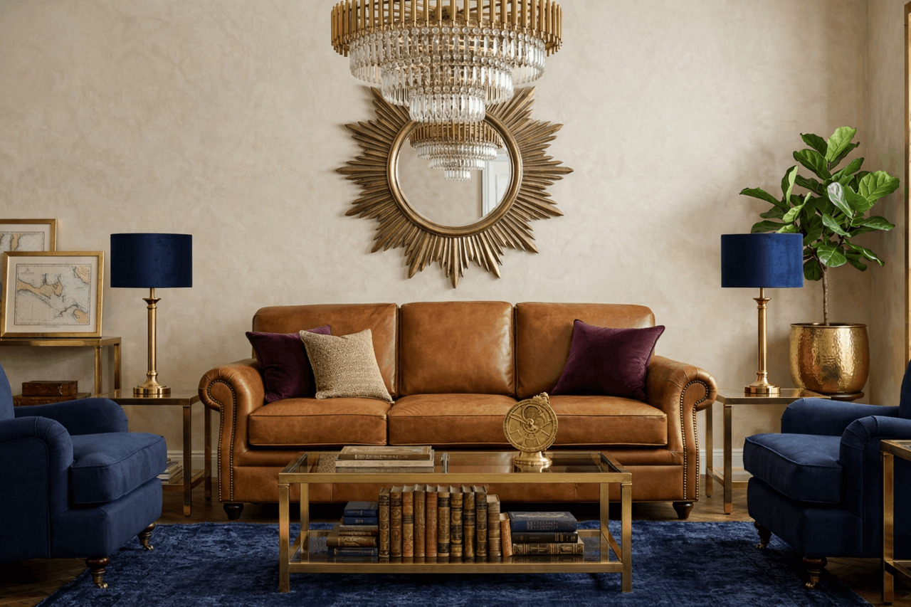 Classic tan leather sofa with navy armchairs and gold mirror decor