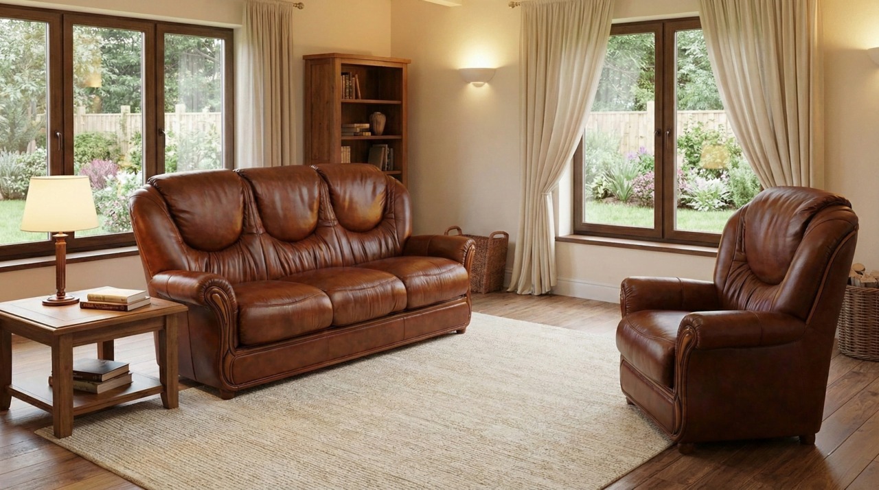 Cognac leather suite with cream walls and a beige rug