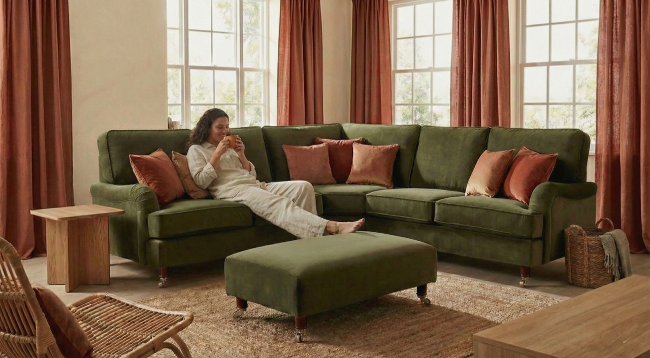 Comfortable Green Corner Sofa with Warm Cushions