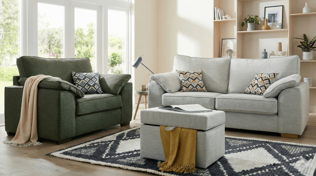 Contemporary living room with a green armchair, light grey sofa and geometric patterned cushions