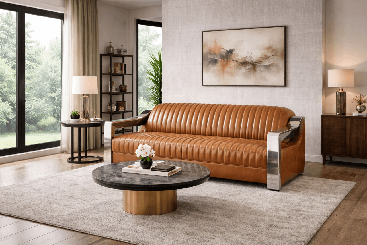 Contemporary living room with tan leather sofa and marble coffee table
