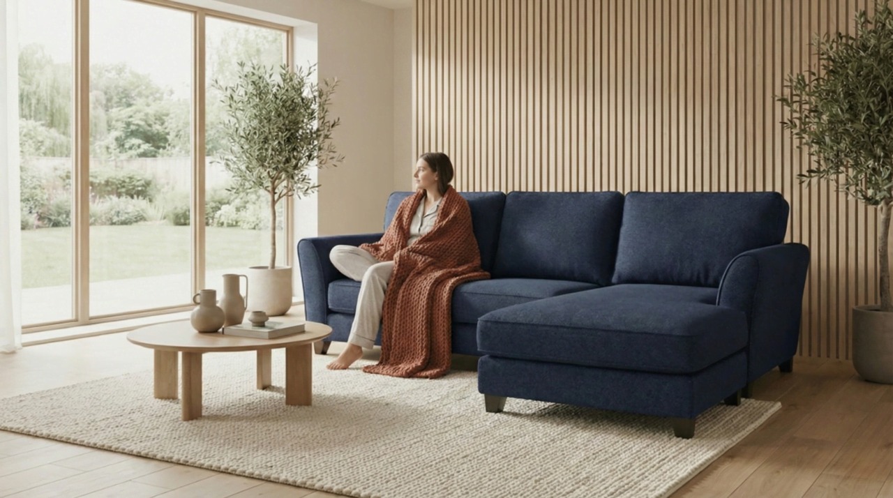 Cosy Blue Corner Sofa with Soft Throw