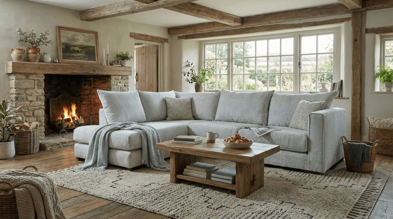 Cosy Cottage Living Room with Grey Corner Sofa