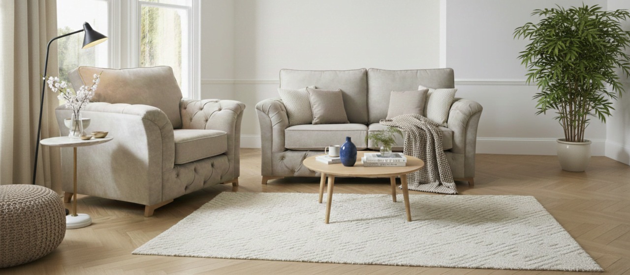 Cream Chesterfield sofa and armchair in a neutral living room