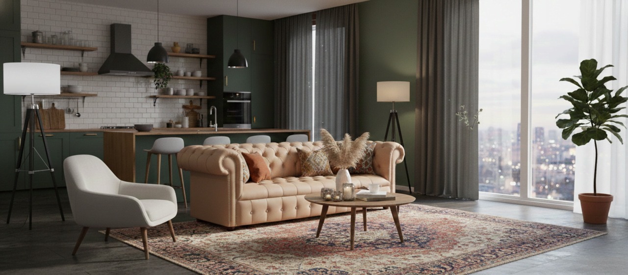 Cream Chesterfield sofa in an open plan kitchen living room