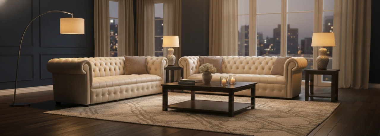 Cream Chesterfield sofa set with navy wall and warm lighting