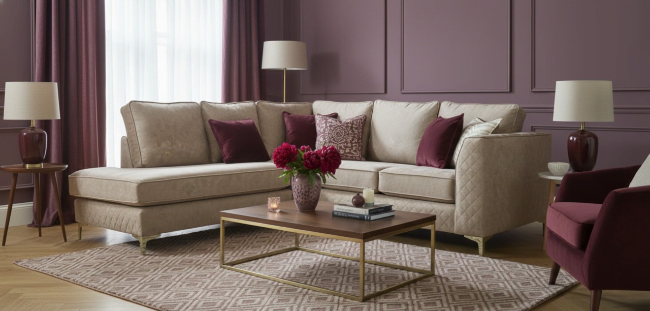 Cream corner sofa with mauve wall and burgundy cushions