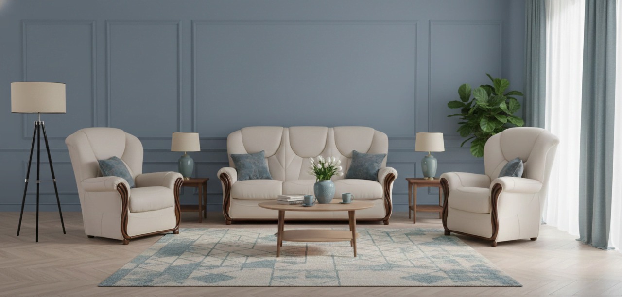 Cream sofa set with light blue wall panelling and matching cream armchairs