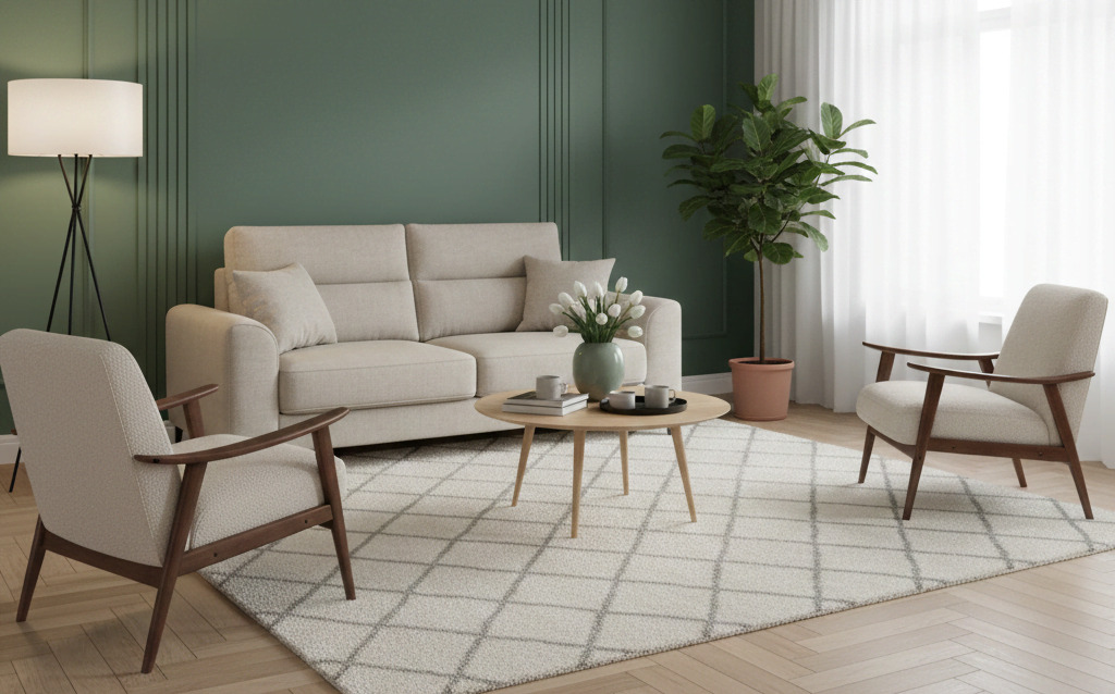 Cream sofa with green panelled feature wall