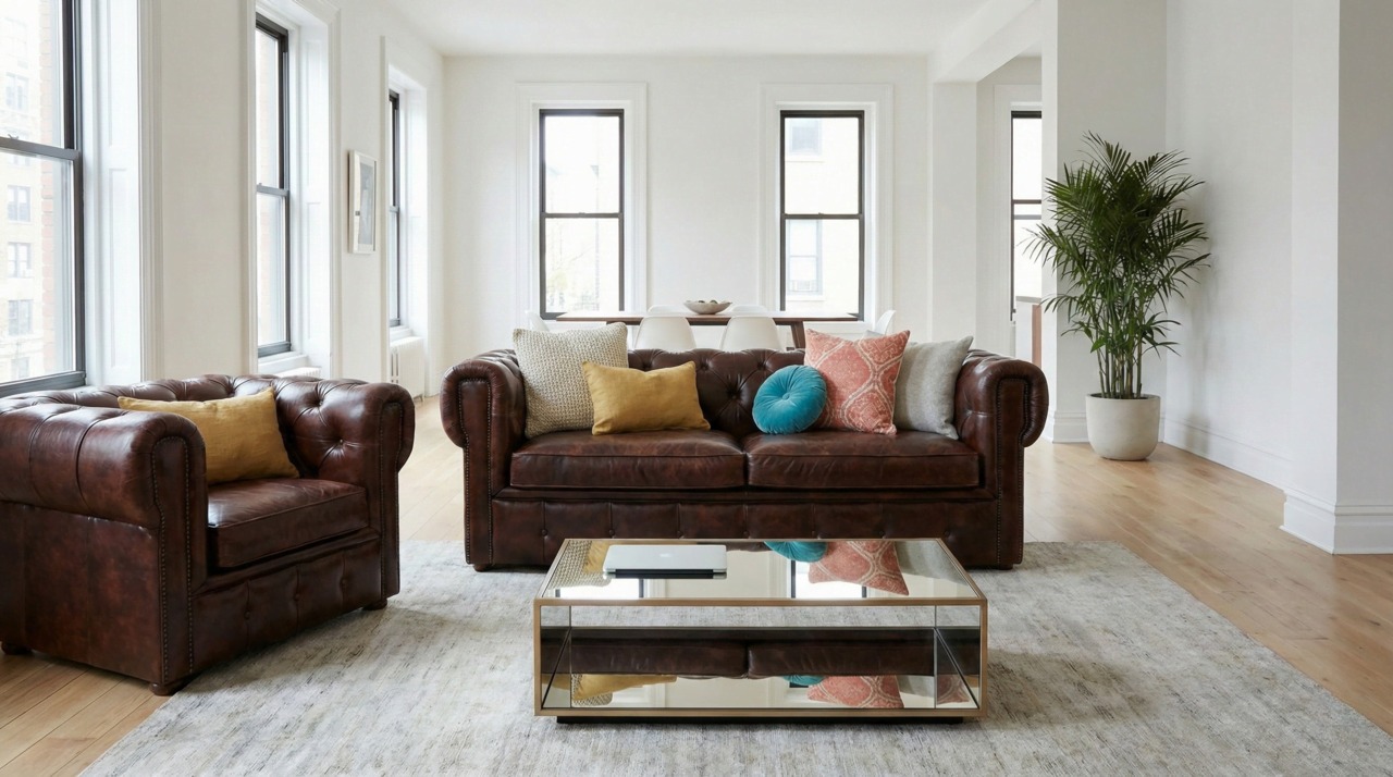 Dark brown leather sofa and armchair with bright colourful cushions