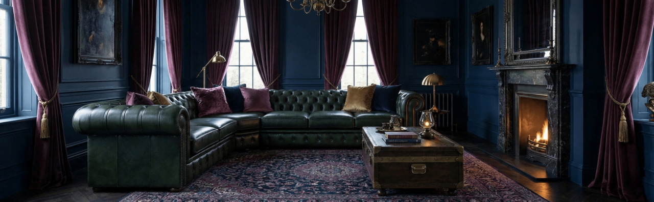 Dark elegant living room with a large green leather corner sofa and fireplace