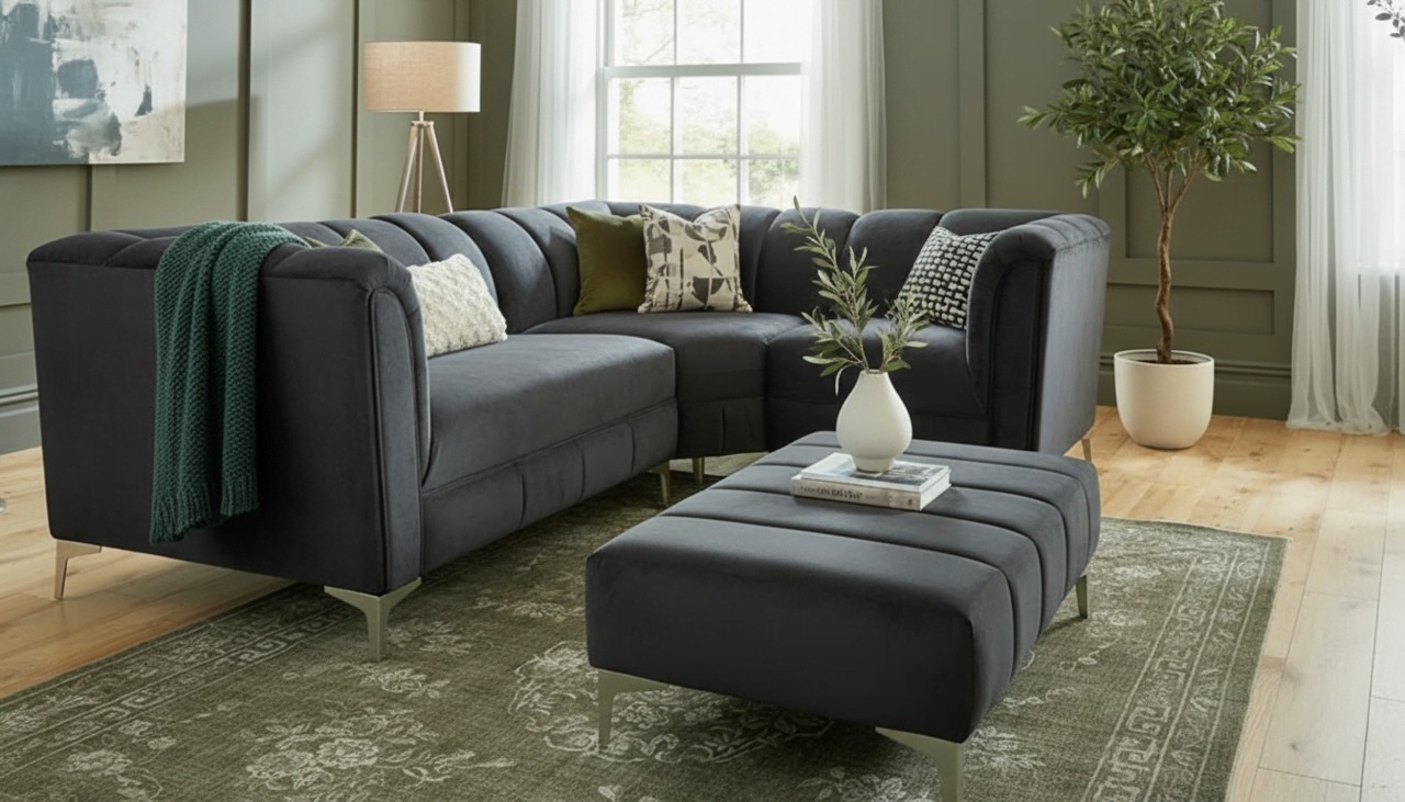 Dark grey corner sofa with green wall panelling and matching ottoman