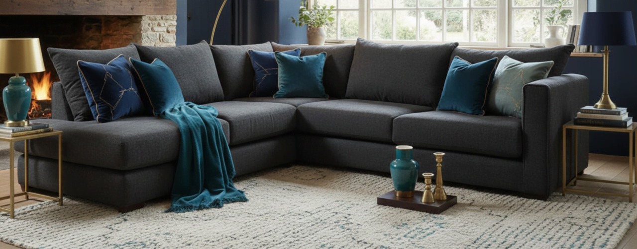 Dark grey corner sofa with teal cushions and navy blue wall