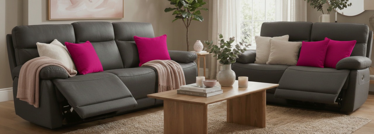 Dark grey recliner sofas with pink cushions and beige rug