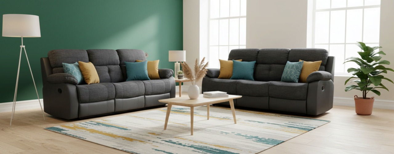 Dark grey recliner sofas with teal and mustard cushions and a green feature wall