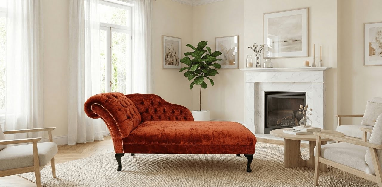 Elegant terracotta Chesterfield chaise sofa
