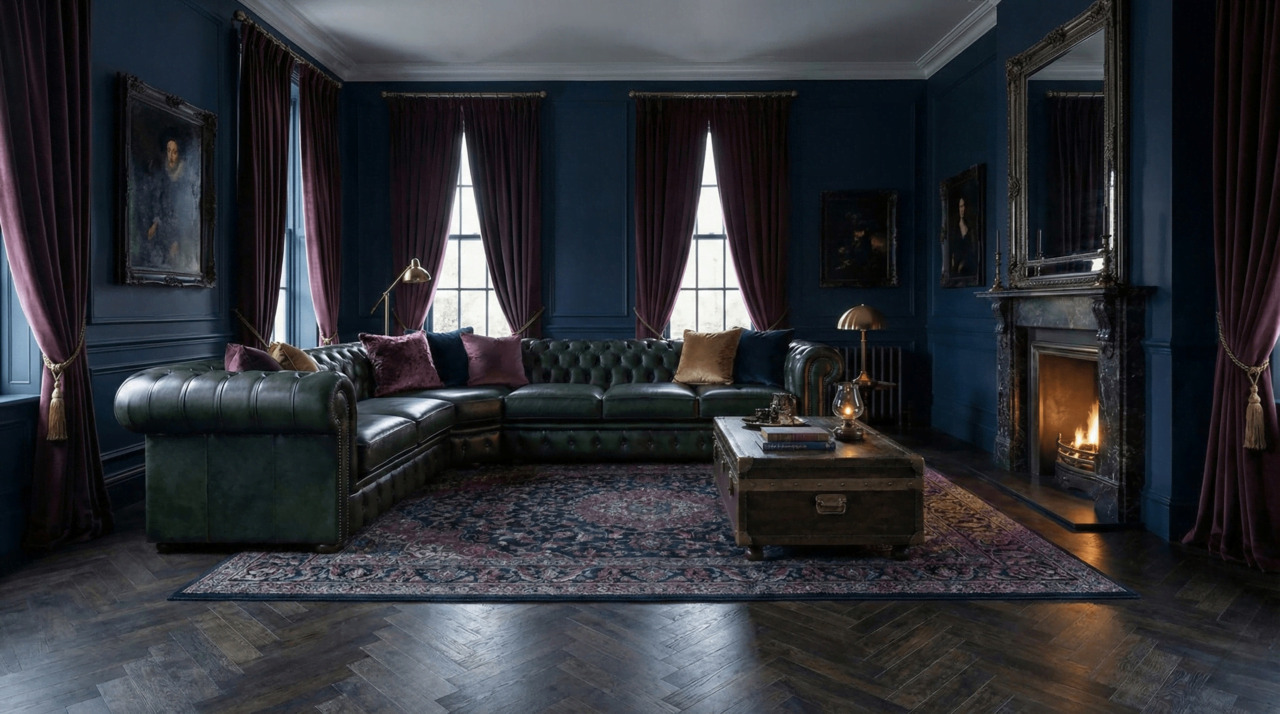Emerald green Chesterfield corner sofa in a dark moody living room with navy walls