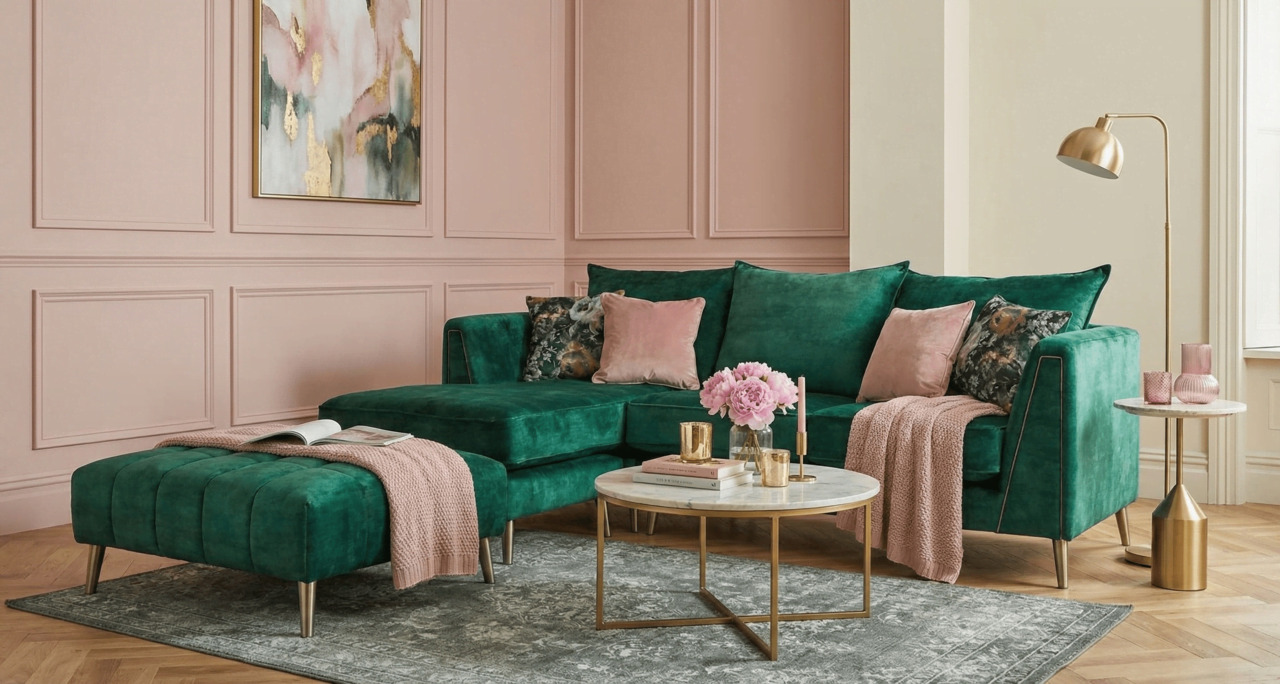 Emerald green corner sofa styled with blush accents in a soft pink living room