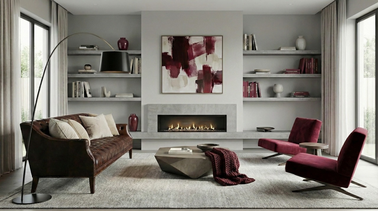 Espresso leather sofa with soft grey walls, burgundy chairs, and a grey rug