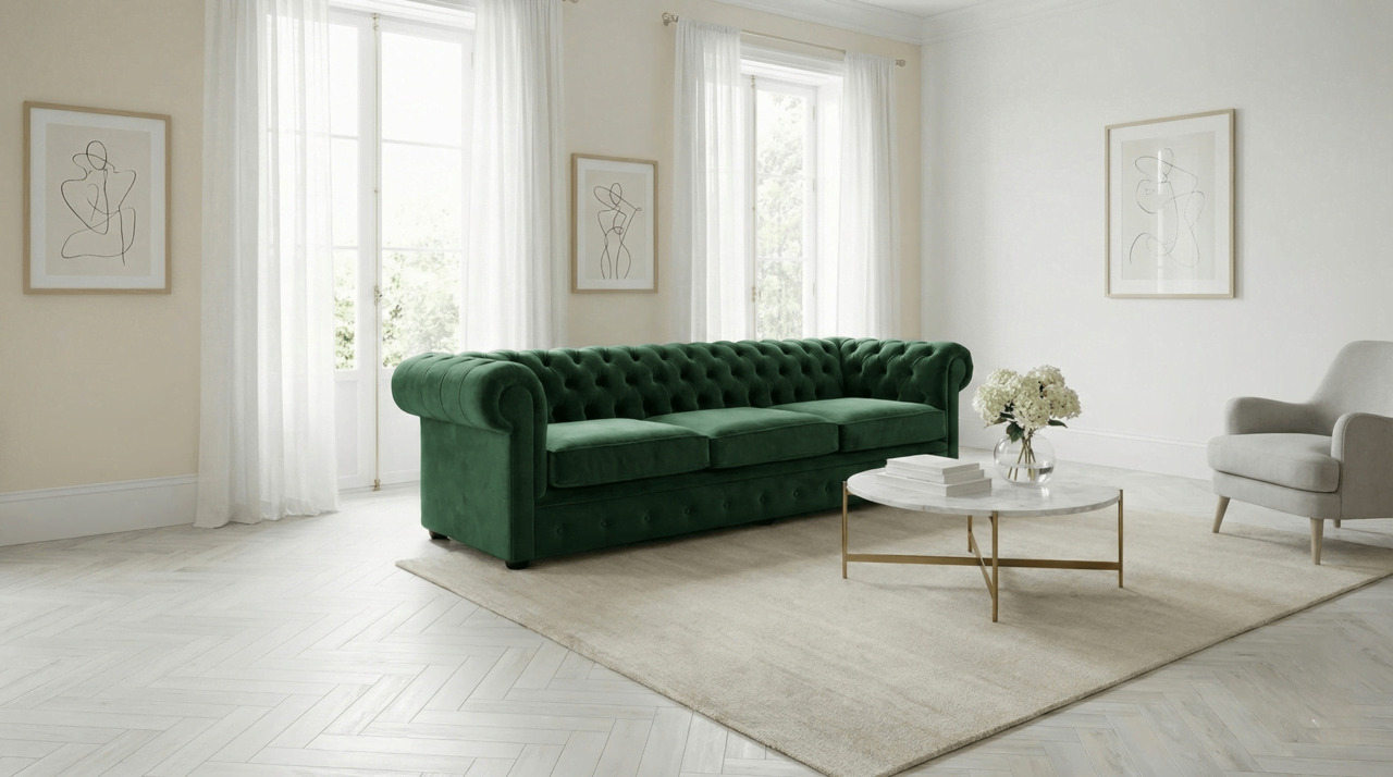 Green Chesterfield sofa in a minimalist white living room with sheer curtains