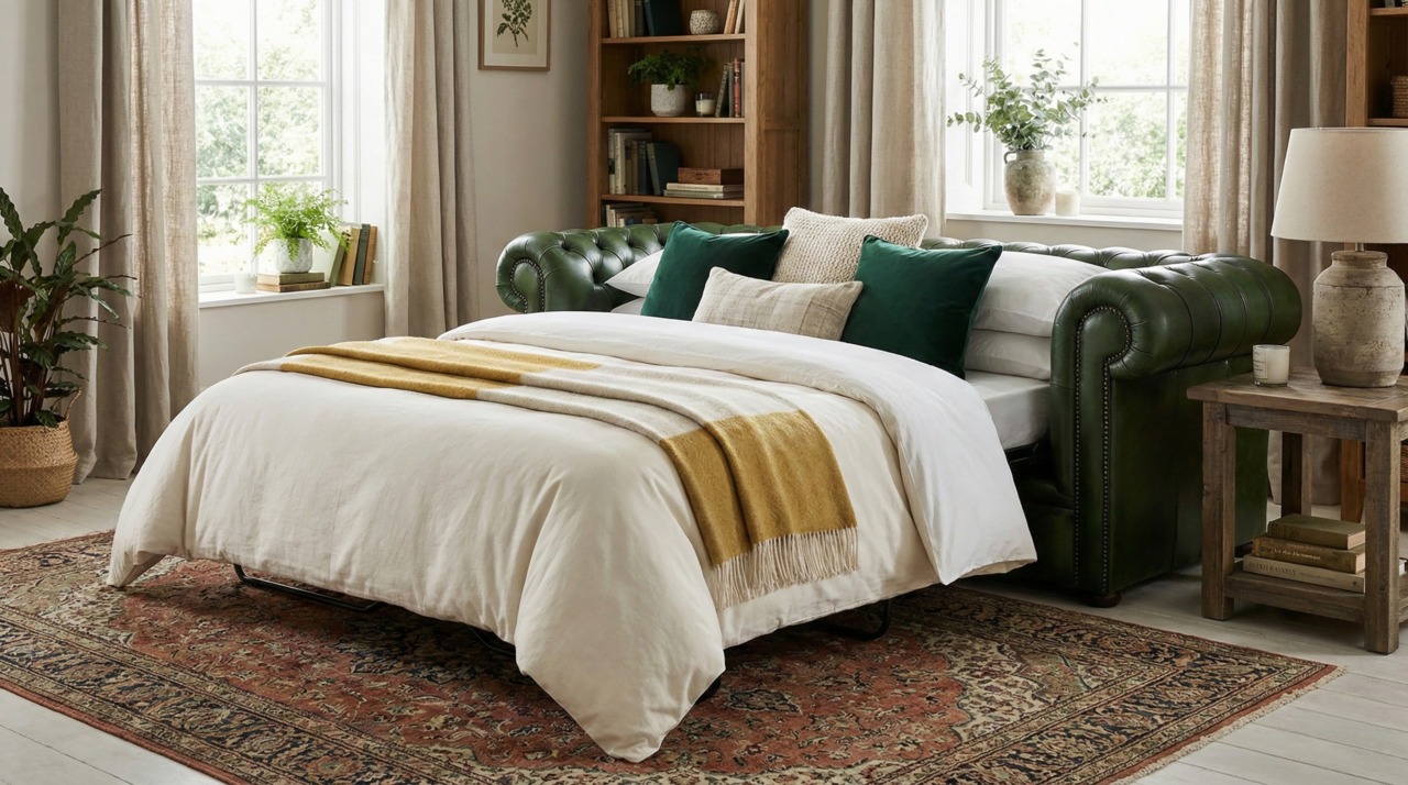 Green leather Chesterfield sofa bed styled as a bed with patterned rug