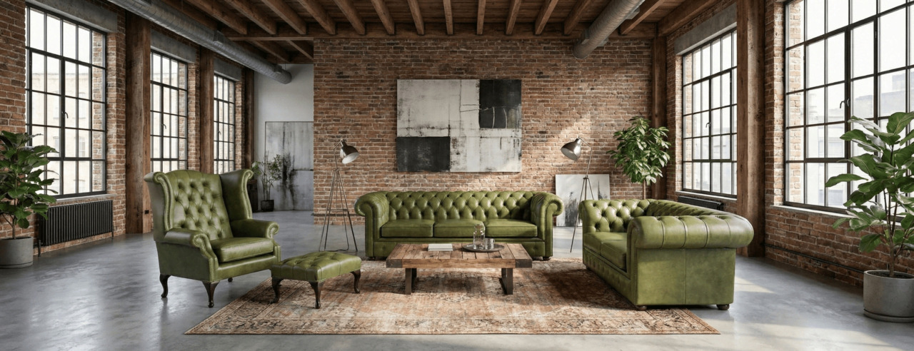 Green leather Chesterfield sofas in an industrial loft living room with exposed brick walls
