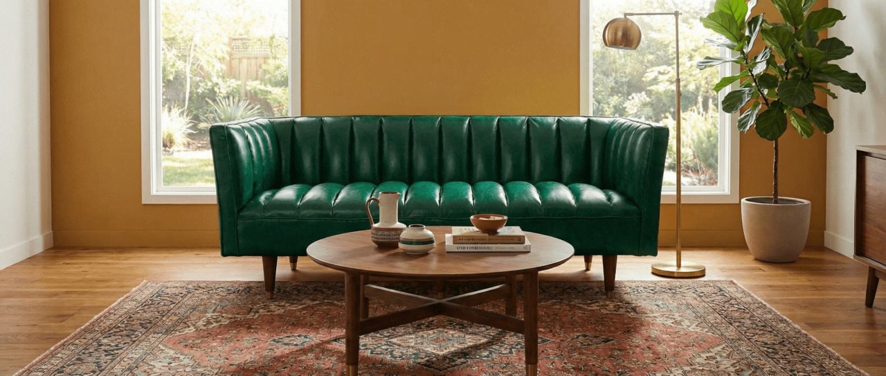 Green leather sofa in a modern living room with mustard-coloured walls