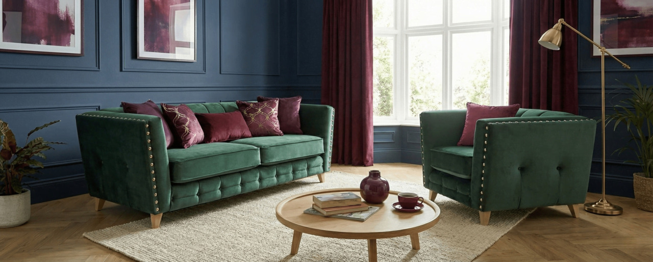 Green velvet sofa and armchair in a navy and burgundy living room