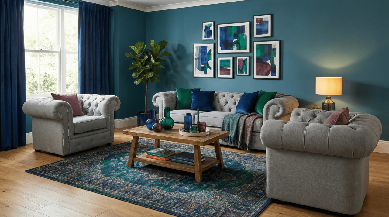 Grey Chesterfield sofa in a blue living room
