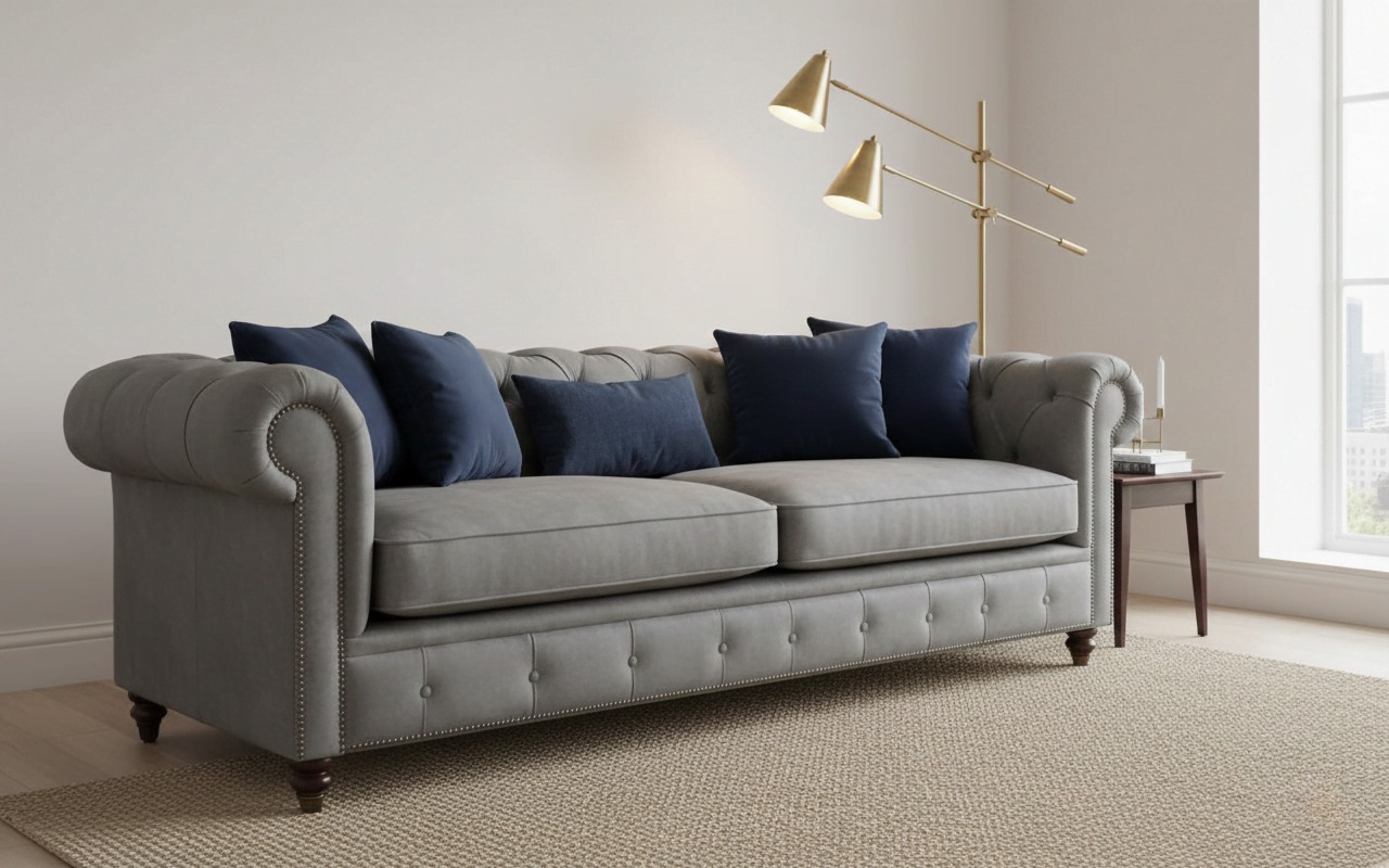 Grey Chesterfield sofa with navy cushions and brass floor lamp