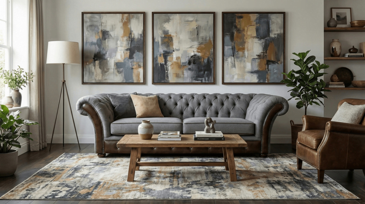 Grey Chesterfield sofa with a brown leather chair