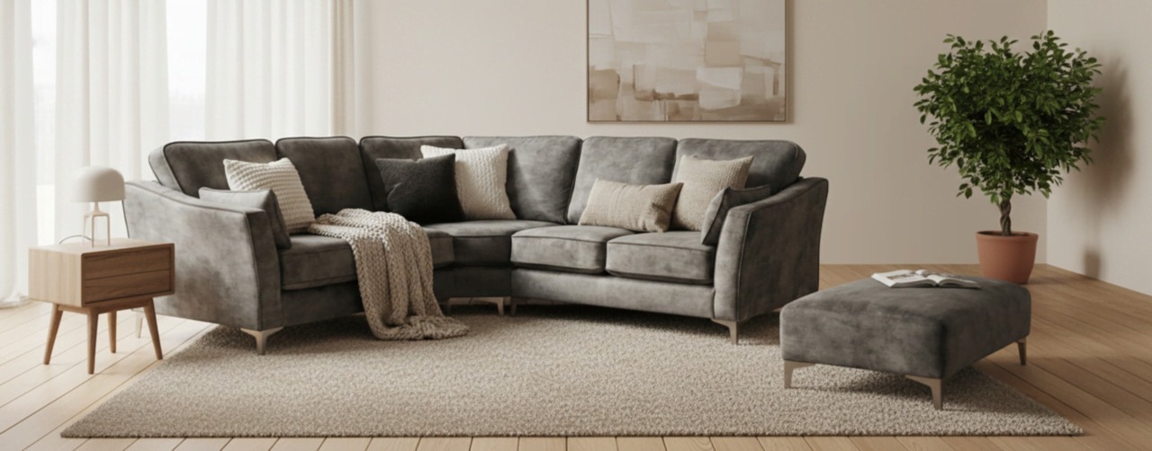 Grey corner sofa with matching footstool in a neutral room