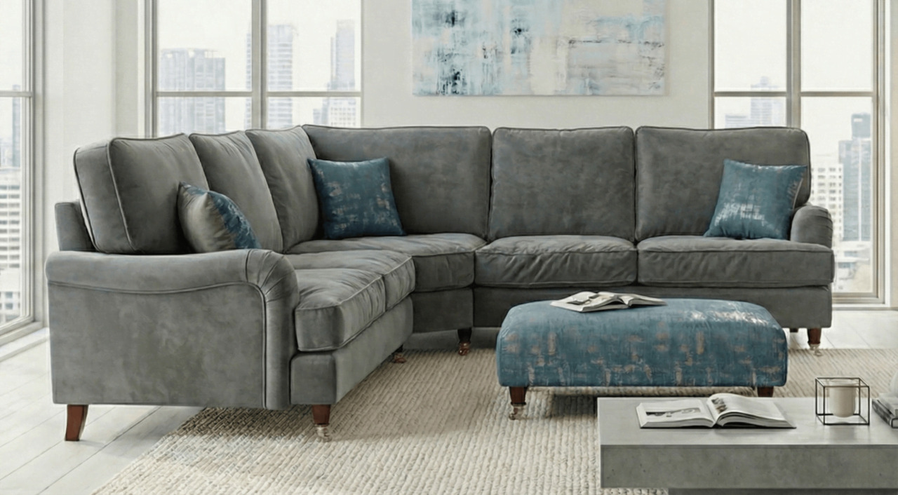 Grey corner sofa with plump cushion filling and upholstered footstool