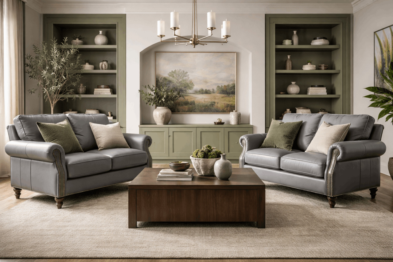 Grey leather sofas with olive green built-in wall shelves