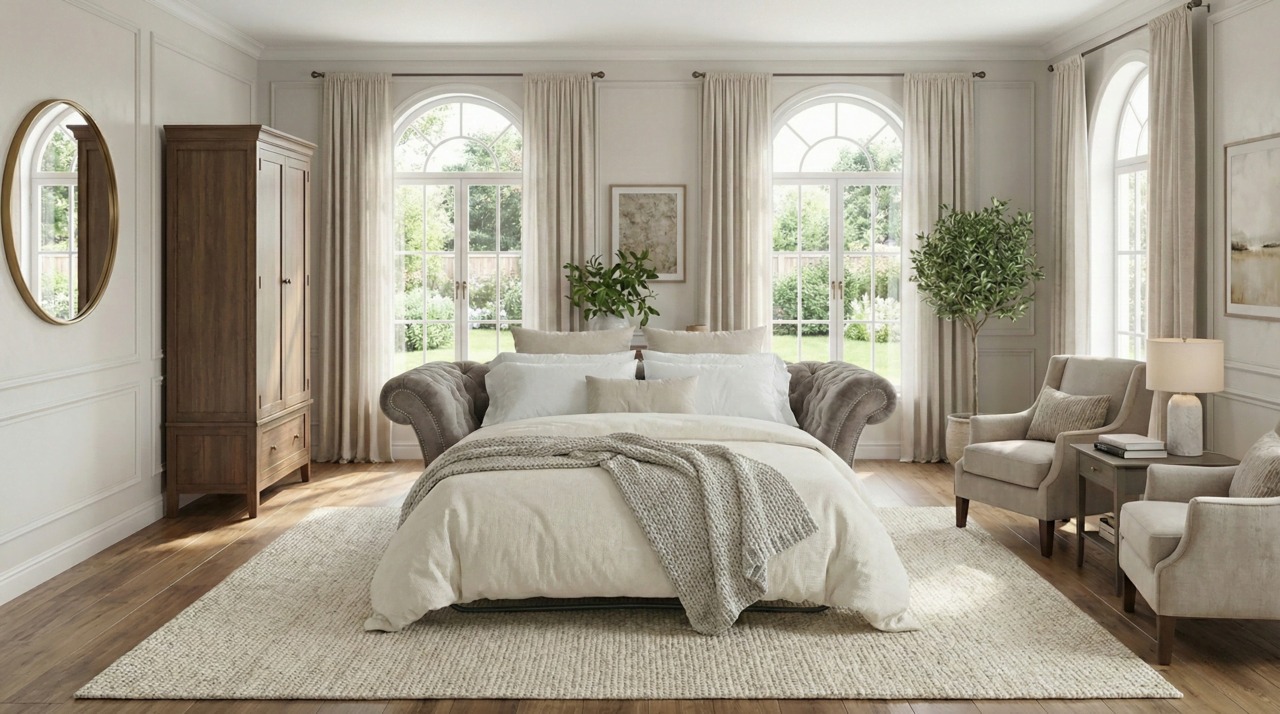 Grey sofa bed made up with neutral bedding in airy room