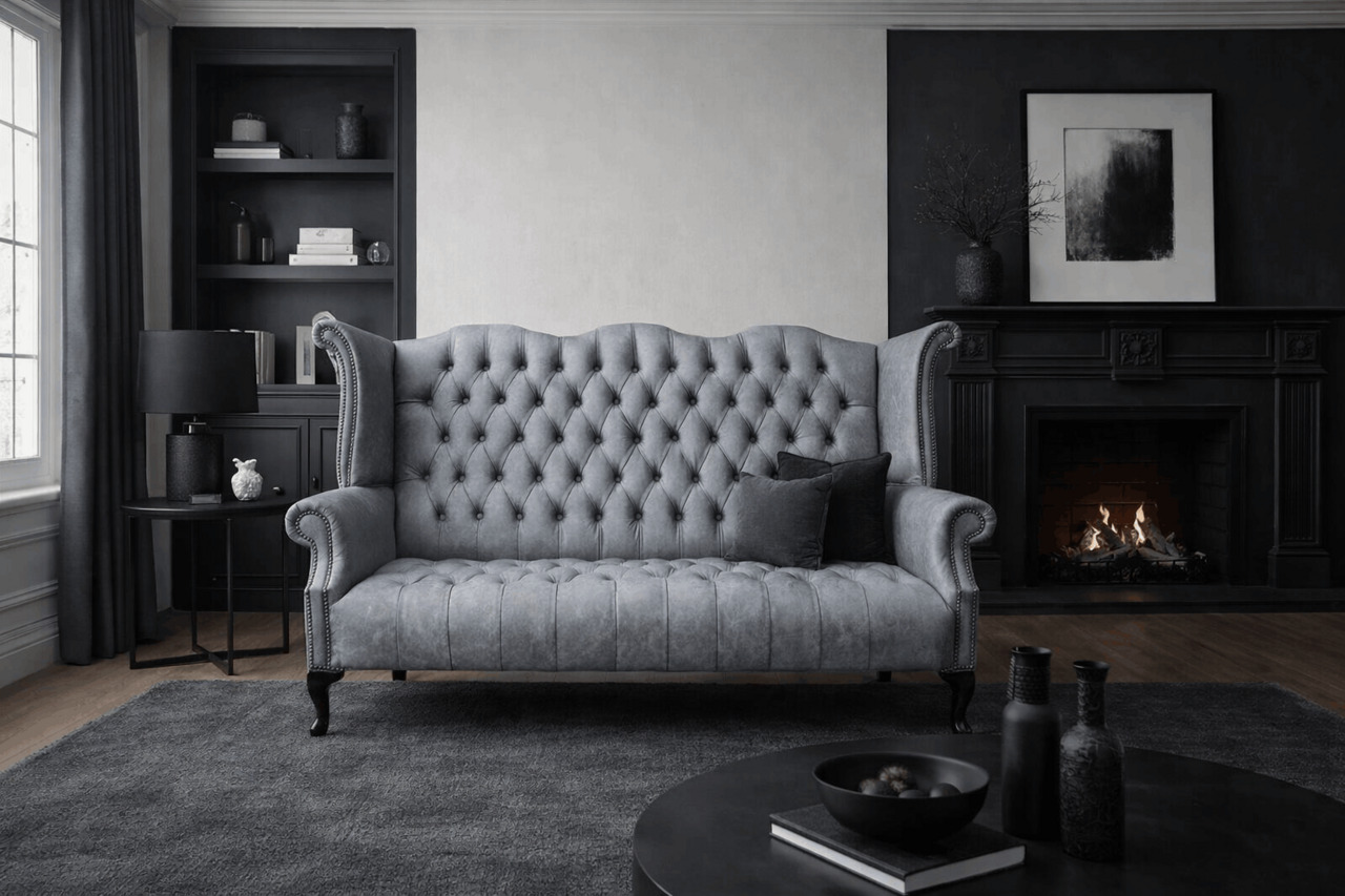 Grey tufted sofa in dark fireplace living room