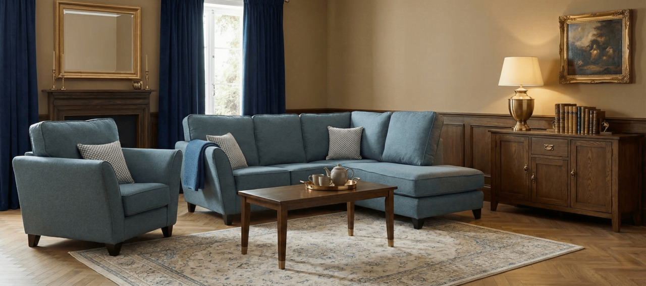 Light blue corner sofa in a traditional living room